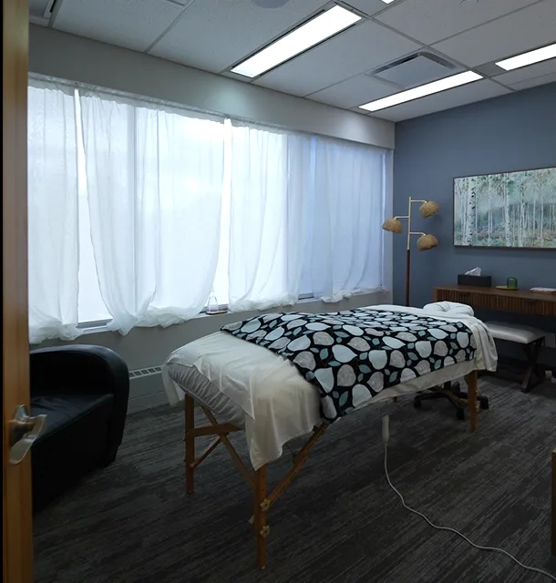 Completed Magnus Health and Wellness treatment room — blue-grey walls, massage table, natural light